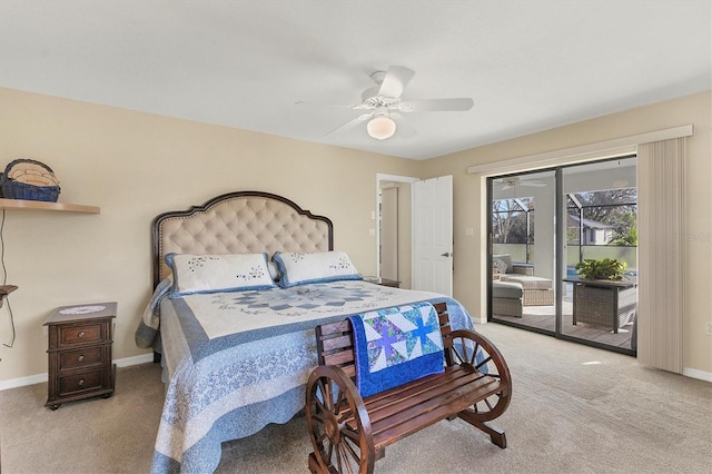 bedroom with ceiling fan, access to exterior, and light carpet