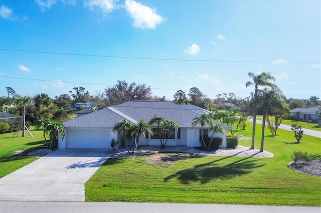 ranch-style house featuring a front yard and a garage