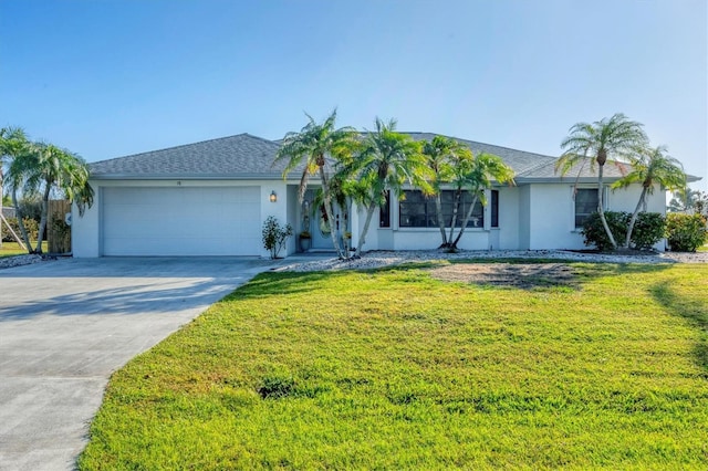 ranch-style house with a front yard and a garage