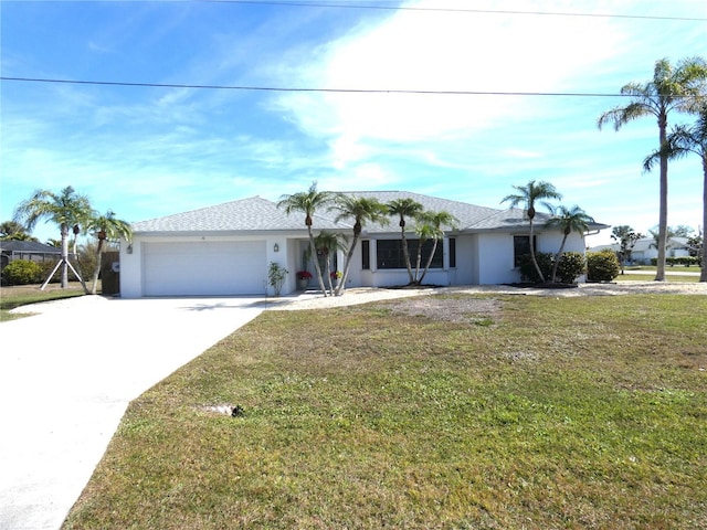 ranch-style house with a garage and a front lawn