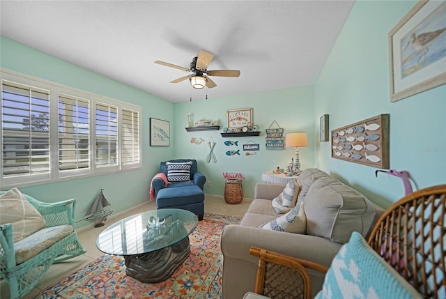 living room featuring ceiling fan