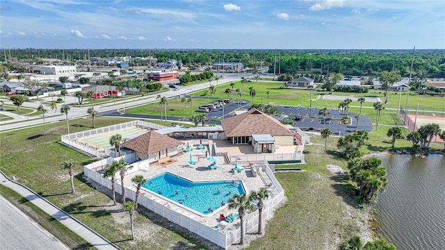 drone / aerial view with a water view