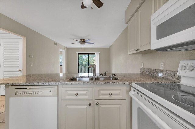 kitchen with sink, white cabinetry, kitchen peninsula, and white appliances