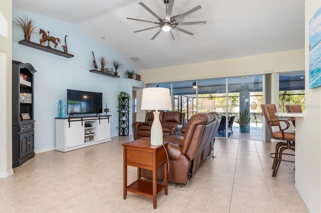 tiled living room featuring high vaulted ceiling