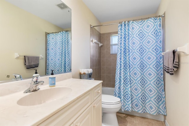 full bathroom with tile patterned flooring, vanity, toilet, and shower / bathtub combination with curtain