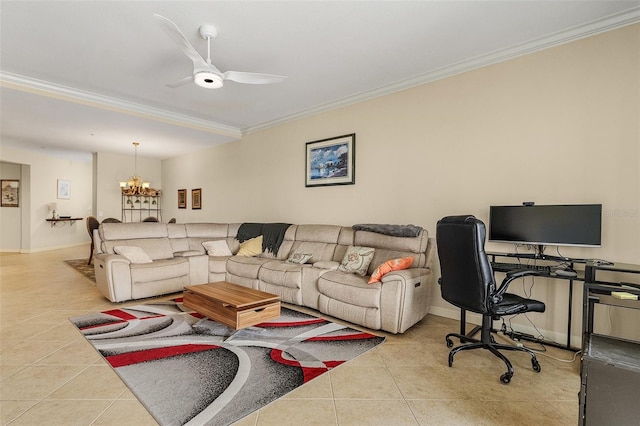 living room with crown molding, light tile patterned floors, and ceiling fan with notable chandelier