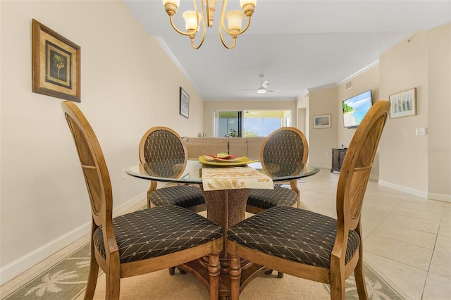 tiled dining area with ornamental molding and ceiling fan with notable chandelier