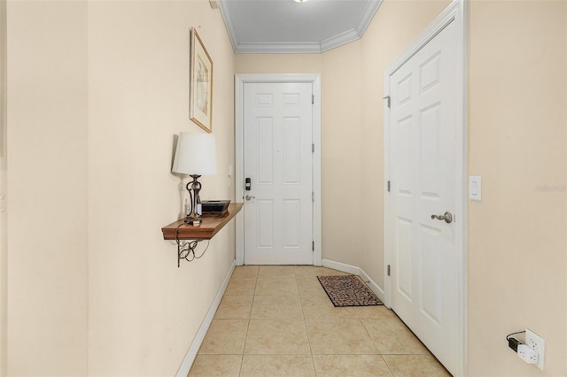 doorway featuring ornamental molding and light tile patterned flooring