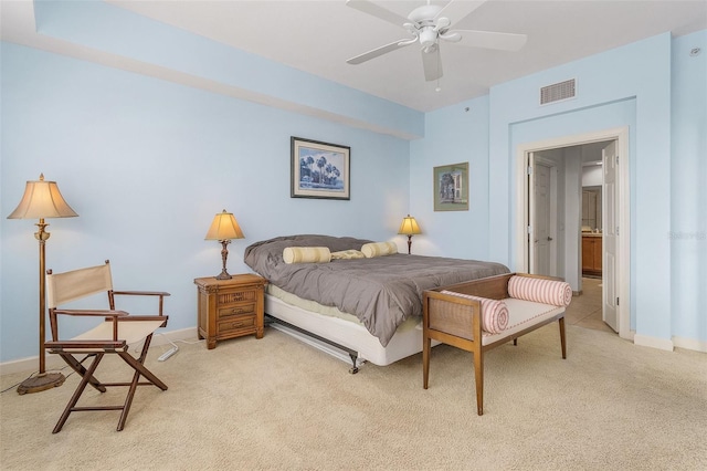 bedroom with light colored carpet and ceiling fan