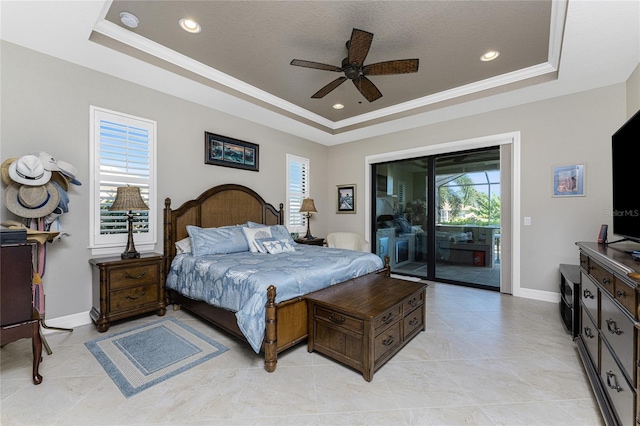 bedroom featuring crown molding, a raised ceiling, access to outside, and ceiling fan