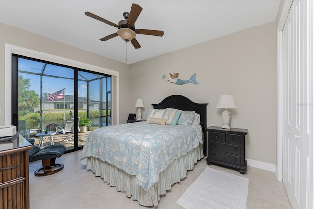 bedroom with a closet, light tile patterned flooring, and ceiling fan