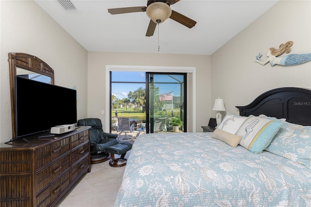 bedroom featuring access to exterior and ceiling fan