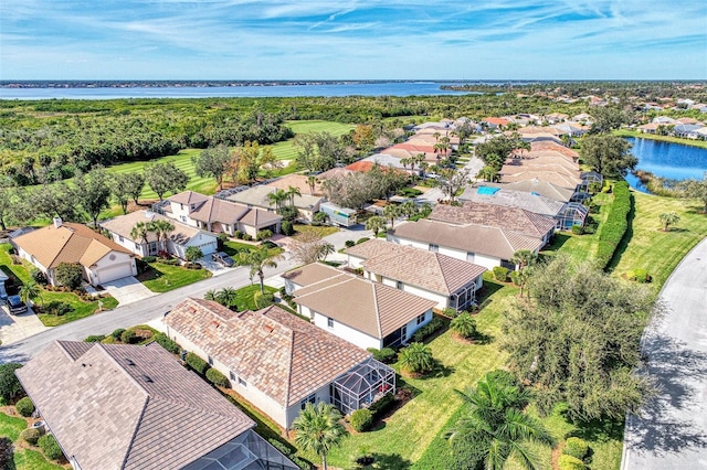 aerial view featuring a water view