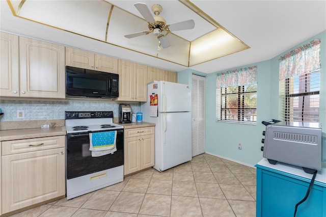 kitchen featuring light tile patterned floors, ceiling fan, white appliances, and tasteful backsplash