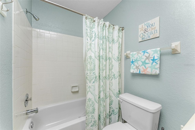 bathroom with shower / bathtub combination with curtain, a textured ceiling, and toilet