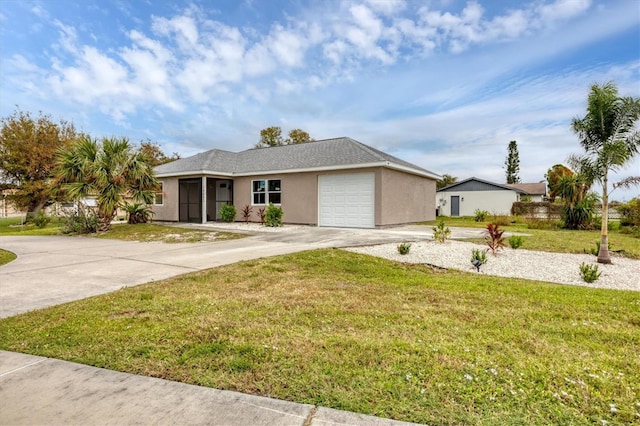 ranch-style house with a garage and a front lawn