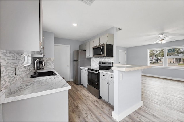 kitchen with stainless steel appliances, sink, light hardwood / wood-style flooring, and backsplash