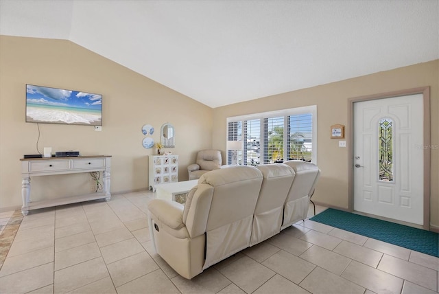 tiled living room with lofted ceiling