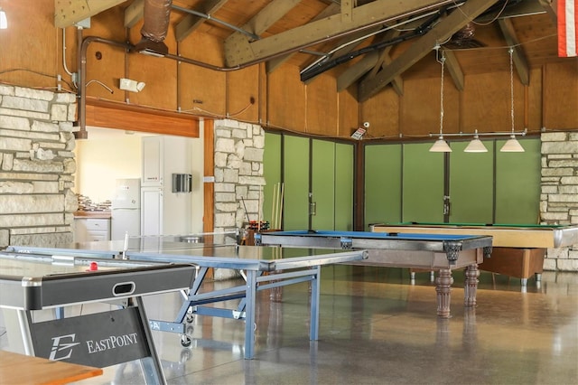 game room with lofted ceiling with beams, concrete floors, wooden ceiling, and pool table