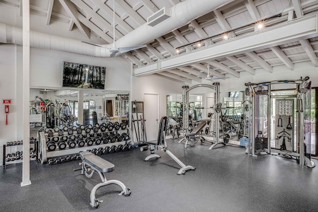 workout area featuring high vaulted ceiling