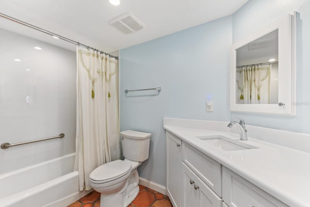 full bathroom featuring toilet, shower / tub combo, vanity, and tile patterned floors