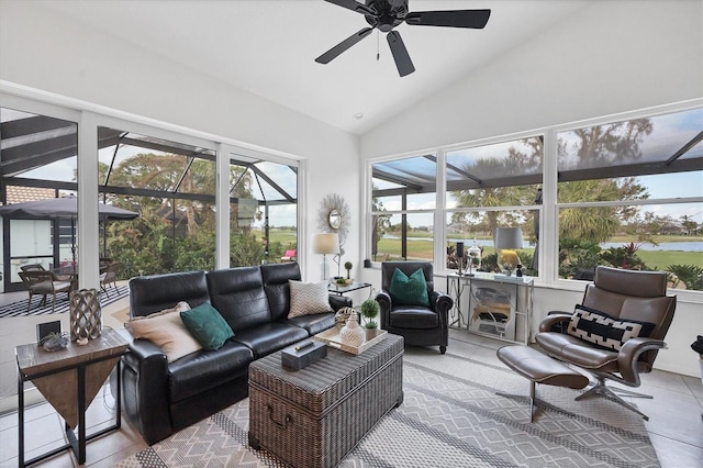 sunroom with vaulted ceiling and ceiling fan