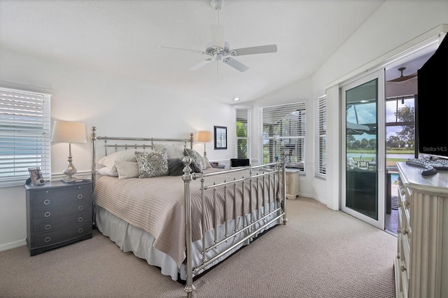 bedroom with ceiling fan, carpet flooring, access to exterior, and vaulted ceiling