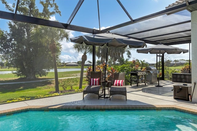 view of swimming pool with a water view, a grill, glass enclosure, and a patio area