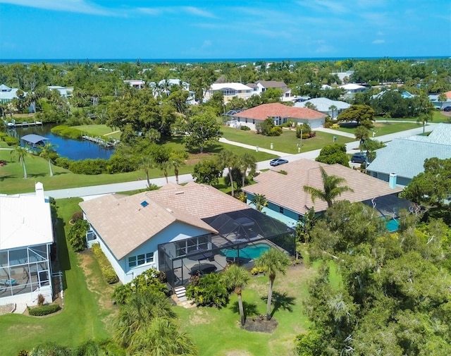 aerial view featuring a water view