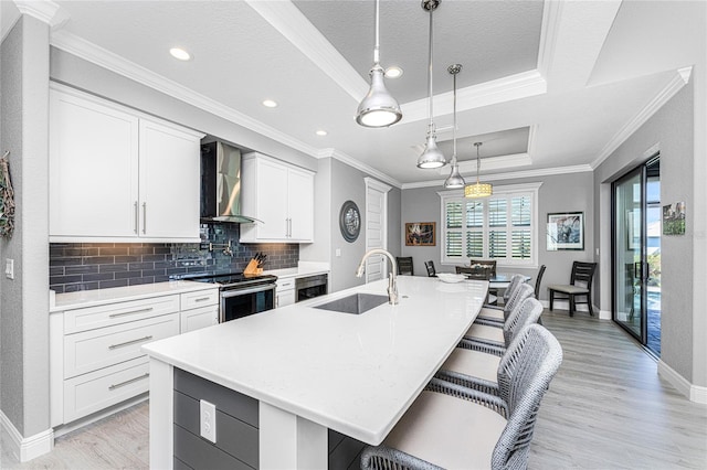 kitchen featuring wall chimney exhaust hood, sink, a kitchen island with sink, and white cabinetry