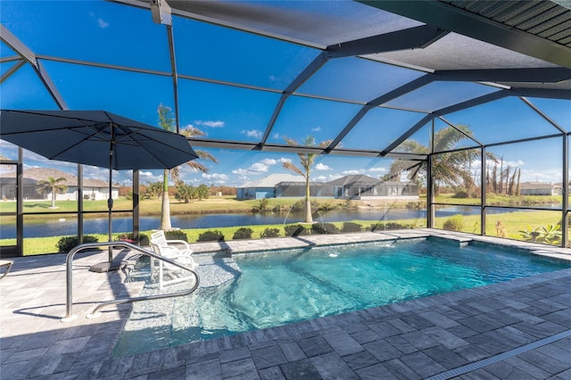 view of pool featuring a water view, a patio, and a lanai