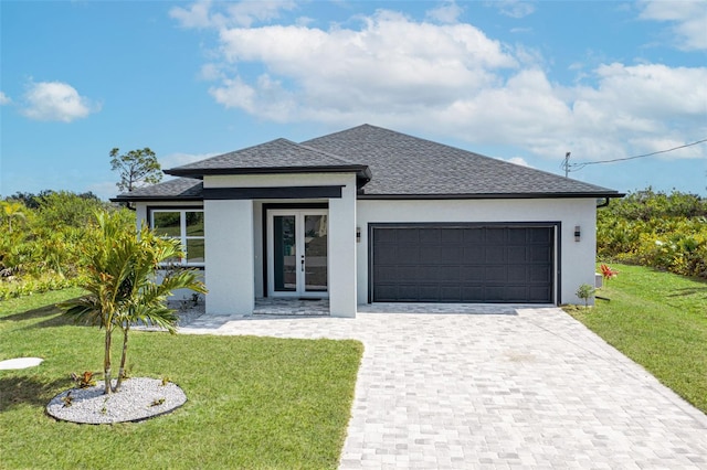 view of front facade featuring french doors and a front lawn