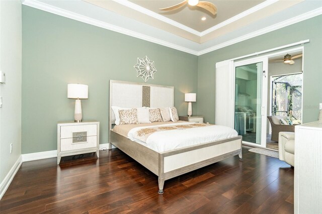 bedroom with dark wood-type flooring, ceiling fan, crown molding, and access to outside