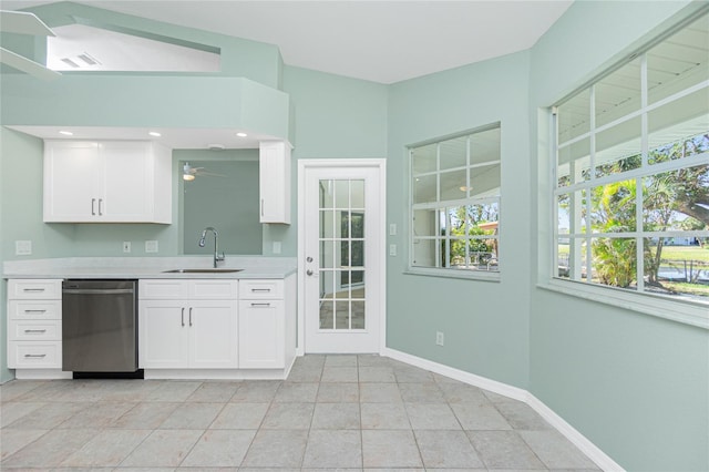 kitchen featuring stainless steel dishwasher, ceiling fan, white cabinets, and sink