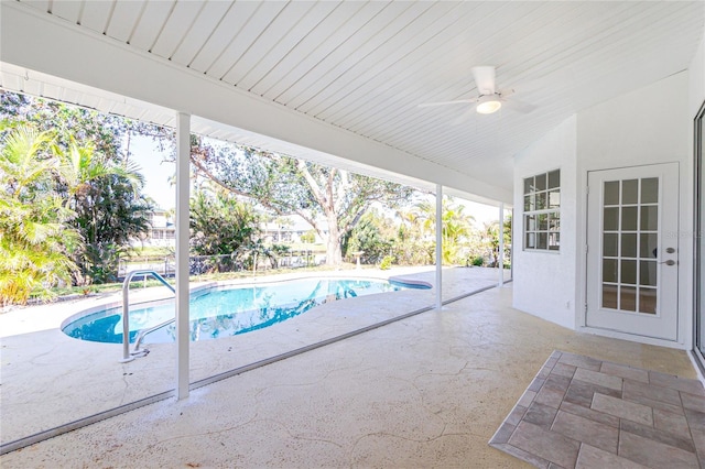 view of pool featuring a patio area and ceiling fan