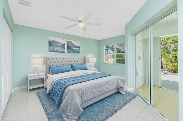 tiled bedroom with ceiling fan and access to outside