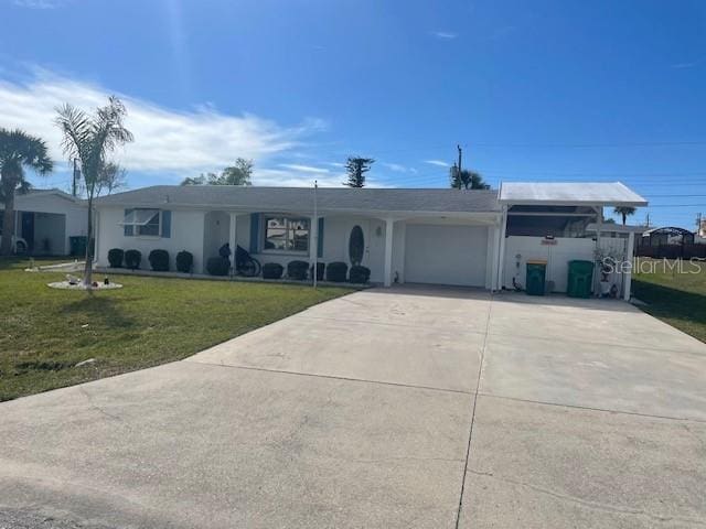 single story home with a garage and a front lawn