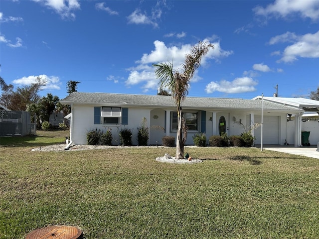 ranch-style home featuring a garage and a front lawn