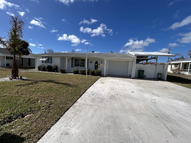 ranch-style home with a garage, a front lawn, and a carport