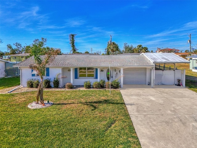 ranch-style home with a garage and a front lawn