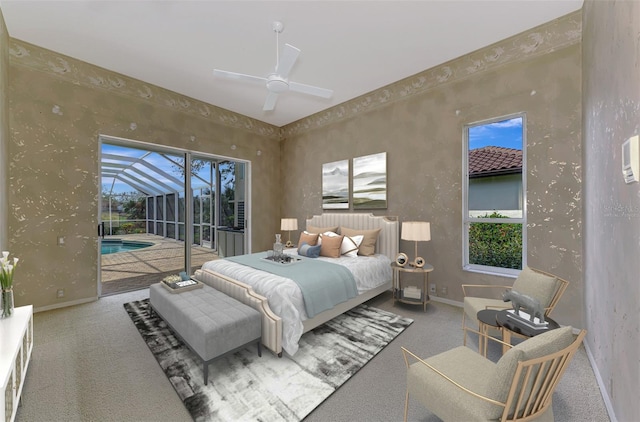 bedroom with ceiling fan, access to exterior, and carpet flooring