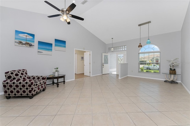 living room featuring ceiling fan, high vaulted ceiling, and light tile patterned floors