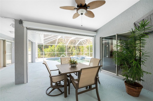 110 Abercrombie Ave, Englewood, FL 34223 - sunroom with ceiling fan, lofted ceiling, and outdoor dining space