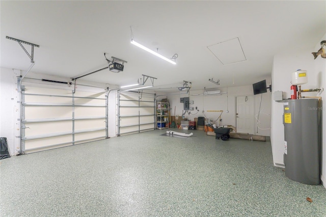 garage with a garage door opener, water heater, and electric panel