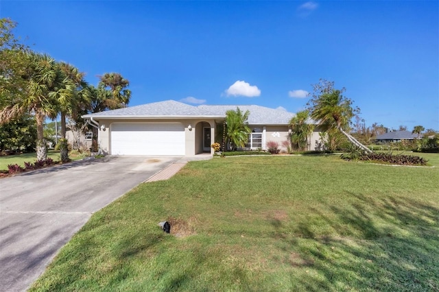 ranch-style home with a garage and a front lawn