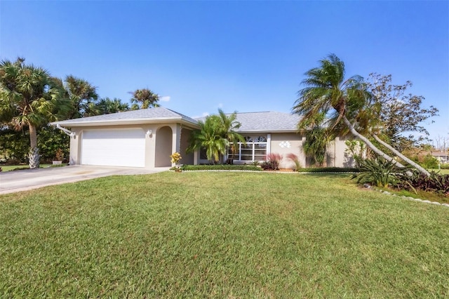 ranch-style home with a garage and a front yard