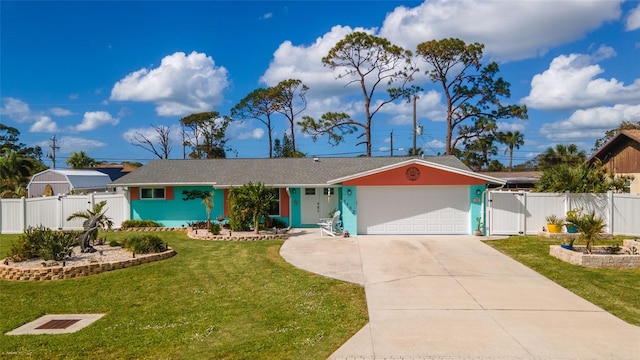 ranch-style home featuring a garage and a front yard