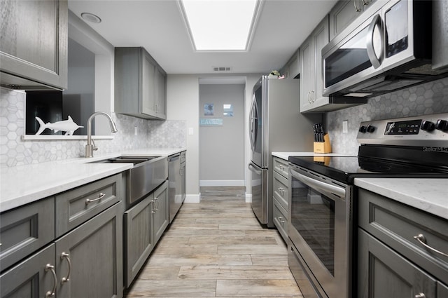 kitchen featuring stainless steel appliances, light hardwood / wood-style floors, gray cabinetry, and backsplash