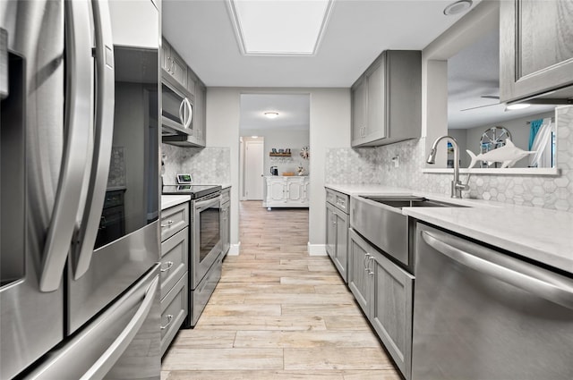 kitchen featuring light hardwood / wood-style floors, decorative backsplash, sink, gray cabinetry, and appliances with stainless steel finishes