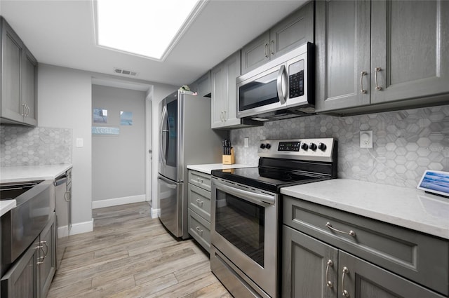 kitchen with light hardwood / wood-style floors, decorative backsplash, appliances with stainless steel finishes, and gray cabinets